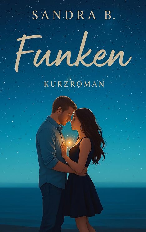 "Sandra B. Funken, Kurzroman. Eine illustration eines Paars umarmt sich unter einem sternenklaren Himmel, hält Lichtquelle."