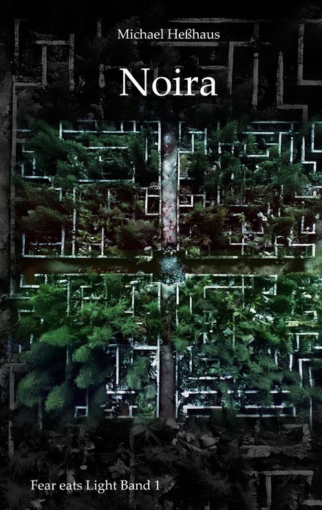 „Michael Heßhaus, Noira, Fear eats Light Band 1“ über einem düsteren Labyrinth aus der Vogelperspektive.