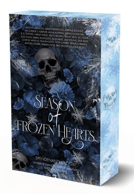 "Season of Frozen Hearts", eine Spendenanthologie. Dunkle Blumen, Totenköpfe und eisige Details in Blau und Schwarz.