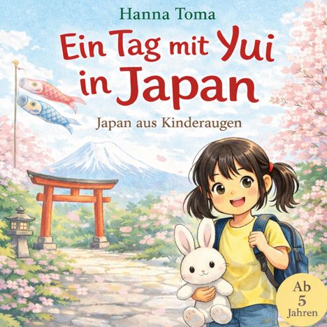 "Ein Tag mit Yui in Japan. Japan aus Kinderaugen. Ab 5 Jahren." Illustration: Ein Mädchen mit Rucksack und Hase, Kirschblüten.