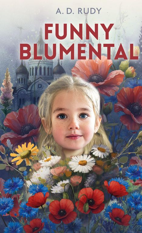 "Funny Blumental" steht groß über dem Bild. Ein lächelndes Mädchen ist von farbenfrohen Blumen umgeben. Im Hintergrund eine Kirche.