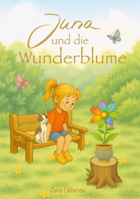 „Juna und die Wunderblume“ oben. Illustration: Mädchen mit Katze auf Bank, bunter Blumentopf auf Baumstumpf.