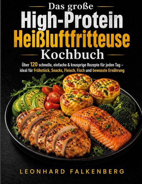 "Das große High-Protein Heißluftfritteuse Kochbuch." Gegrilltes Fleisch, Lachs, Gemüse und Muffins auf schwarzem Teller.