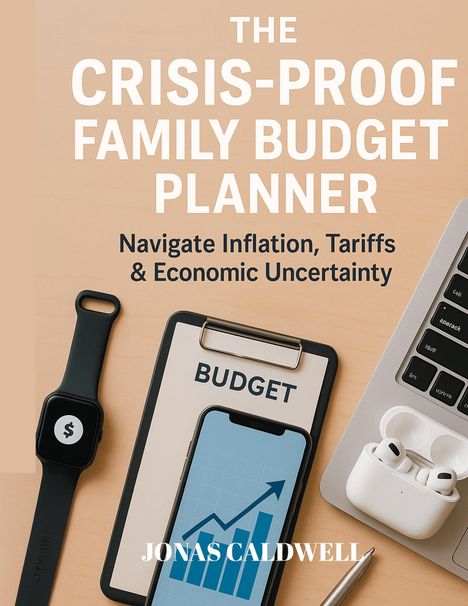 „The Crisis-Proof Family Budget Planner“: Enthält Smartwatch, Budget-Klemmbrett und Diagramm auf einem Display.