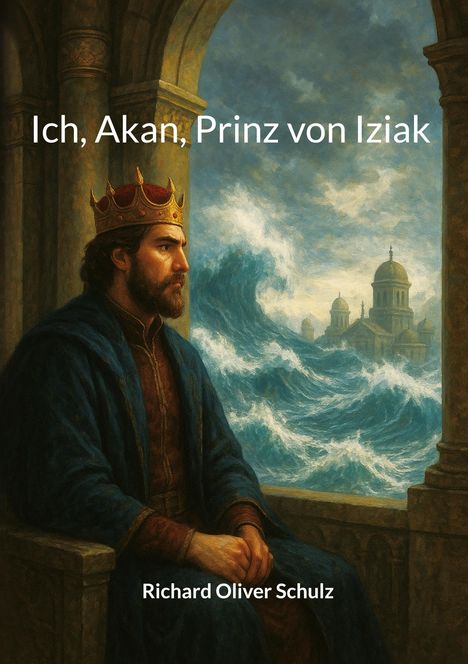 "Ich, Akan, Prinz von Iziak." Darunter "Richard Oliver Schulz". Ein Mann mit Krone sitzt vor wogendem Meer, ein Gebäude im Hintergrund.