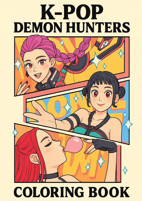 Text: "K-POP DEMON HUNTERS COLORING BOOK". Illustration mit drei stilisierten, fröhlichen Figuren in dynamischen Posen.