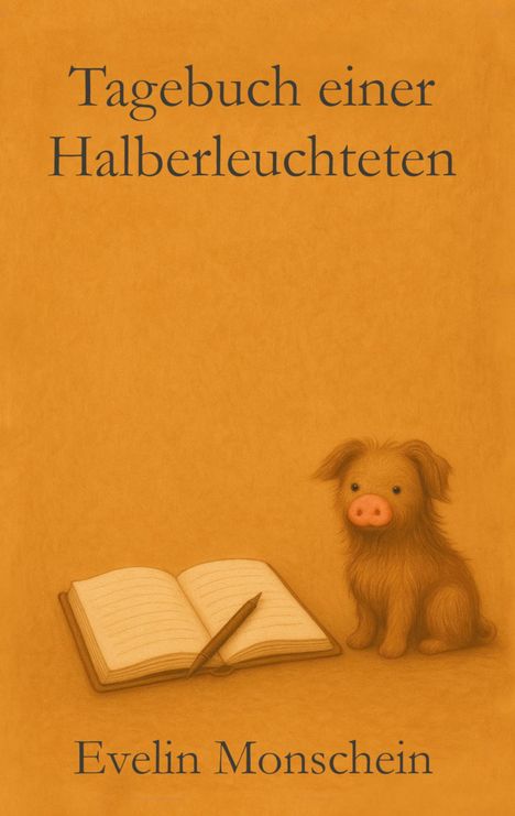 "Tagebuch einer Halberleuchteten" oben, "Evelin Monschein" unten. Illustration: Ein kleines Schweinchen neben einem offenen Buch.