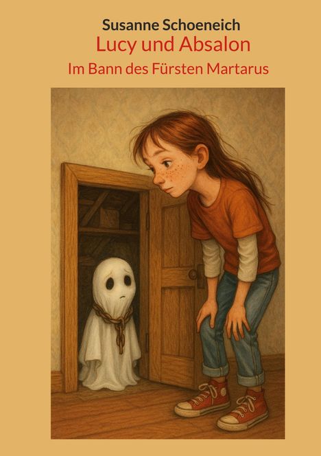 "Lucy und Absalon - Im Bann des Fürsten Martarus" von Susanne Schoeneich. Illustration: Mädchen entdeckt ein kleines Gespenst im Schrank.