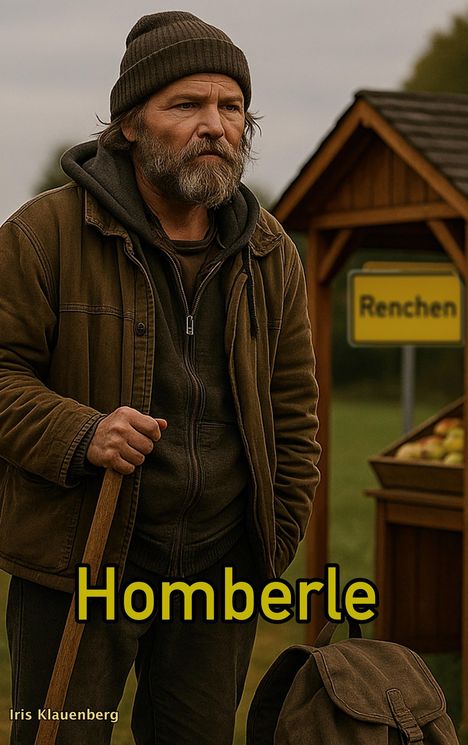 Text: "Renchen", "Homberle". Ein Mann mit Bart und Mütze, in brauner Jacke, lehnt an einem Holzstand mit Obst.