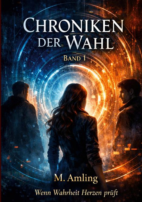 „Chroniken der Wahl, Band 1, M. Amling, Wenn Wahrheit Herzen prüft.“ Drei Personen vor einem strudelartigen Portal.