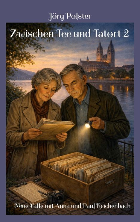 "Zwischen Tee und Tatort 2. Neue Fälle mit Anna und Paul Reichenbach." Älteres Paar untersucht Akten, Kölner Dom im Hintergrund.