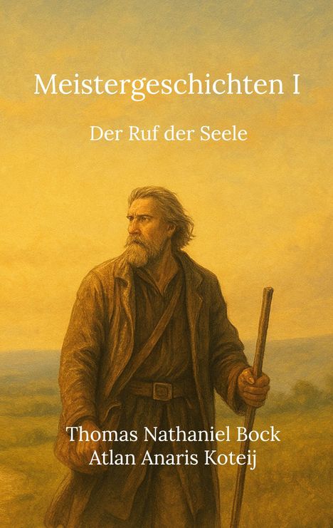 "Meistergeschichten I: Der Ruf der Seele" Thomas Nathaniel Bock, Atlan Anaris Koteij. Illustration eines Mannes mit Stock.