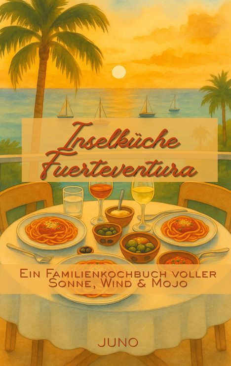 "Inselküche Fuerteventura. Ein Familienkochbuch voller Sonne, Wind & Mojo. JUNO." Tropisches Motiv mit Tisch und Essen.