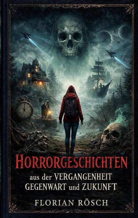 „Horrorgeschichten aus der Vergangenheit, Gegenwart und Zukunft“ von Florian Rösch. Ein unheimliches Szenario mit Schädeln.