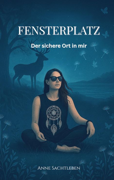 "FENSTERPLATZ. Der sichere Ort in mir. Anne Sachtleben." Eine Frau sitzt meditierend im Wald, mit einem Hirsch im Hintergrund.