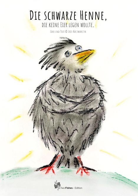 „Die schwarze Henne, die keine Eier legen wollte.“ Illustration eines schwarzen Vogels mit gelbem Schnabel.