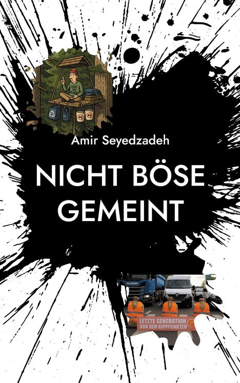 „Nicht böse gemeint“ von Amir Seyedzadeh. Eine Illustration mit Mensch auf Plattform, davor Protest mit Transparent.