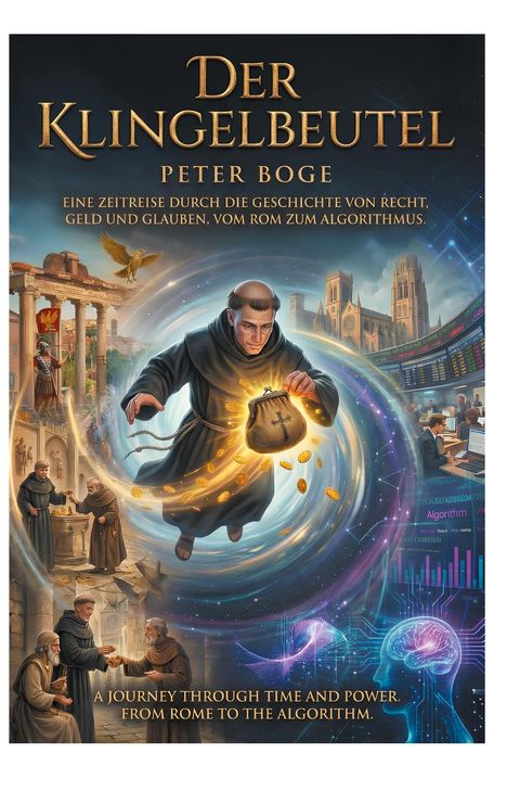 Text: "Der Klingelbeutel" von Peter Boge. Illustration: Ein Mönch mit einem leuchtenden Geldbeutel, umgeben von historischen und modernen Szenen.
