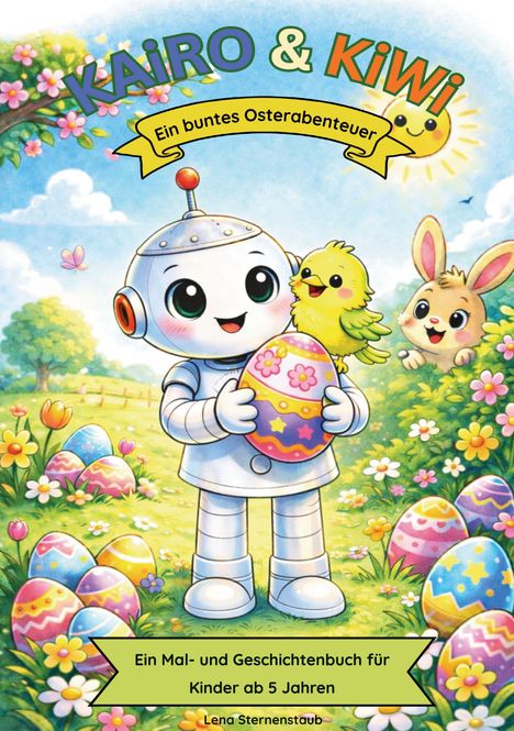 Text: "KAIRO & KIWI", "Ein buntes Osterabenteuer", "Ein Mal- und Geschichtenbuch für Kinder ab 5 Jahren", "Lena Sternenstaub". 

Illustration: Ein Roboter hält ein Osterei, ein Küken sitzt auf ihm, mit bunten Blumen und Ostereiern im Hintergrund. Ein Hase schaut aus Büschen.