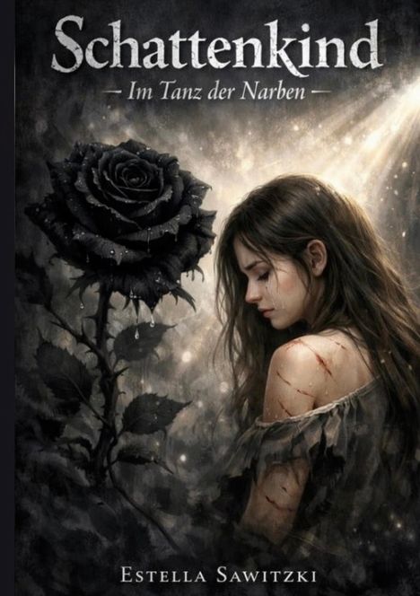 "Schattenkind – Im Tanz der Narben – Estella Sawitzki." Eine Frau mit Tränen, neben einer schwarzen Rose.