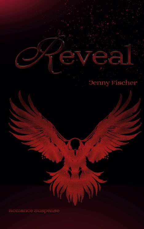„Reveal“ von Jenny Fischer. Roter Vogel mit ausgebreiteten Flügeln auf schwarzem Hintergrund.