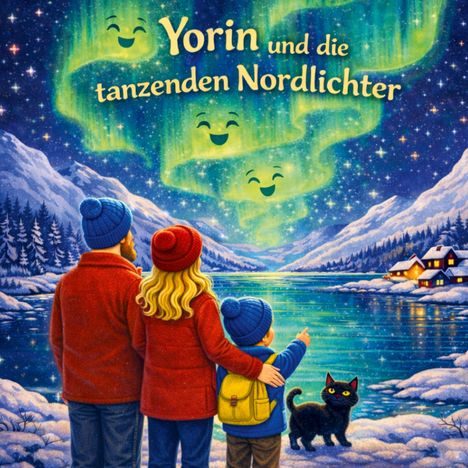 „Yorin und die tanzenden Nordlichter“ in leuchtenden Farben. Eine Familie beobachtet fröhliche Nordlichter über einem See.