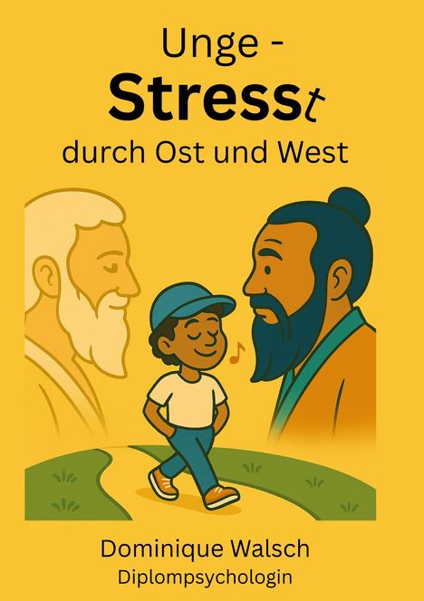 "Unge - Stresst durch Ost und West. Dominique Walsch, Diplompsychologin." Eine Illustration zeigt drei Personen, lächelnd.