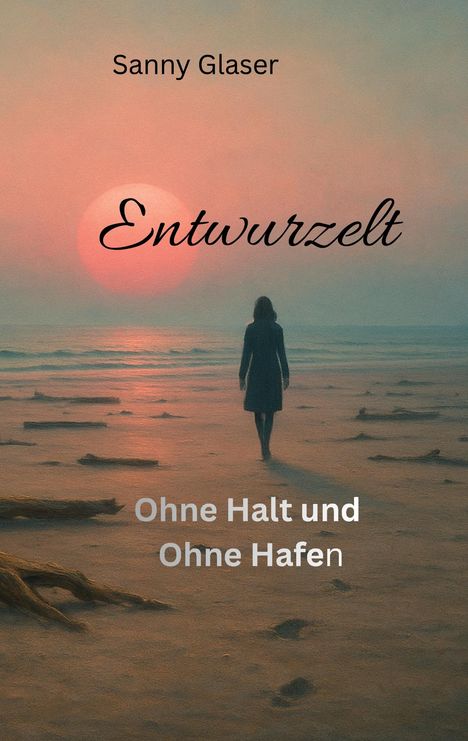 "Sanny Glaser, Entwurzelt: Ohne Halt und Ohne Hafen." Eine Person in Mantel geht bei Sonnenuntergang am Strand entlang.