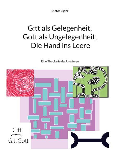 Text: Dieter Eigler. G:tt als Gelegenheit, Gott als Ungelegenheit, Die Hand ins Leere. Eine Theologie der Unwirren.  
Bunte Muster und Formen.