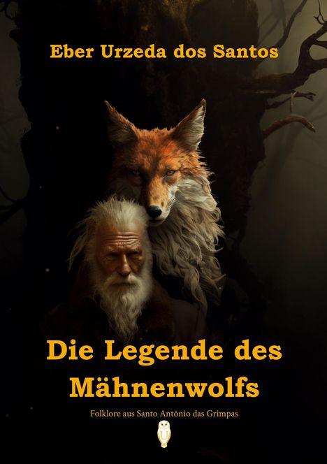 "Eber Urzeda dos Santos, Die Legende des Mähnenwolfs. Illustration eines alten Mannes mit einem Manul hinter ihm."