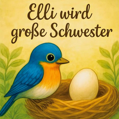 Text: "Elli wird große Schwester." Illustration: Ein blauer Vogel neben einem Ei im Nest vor einem gelb-grünen Hintergrund.