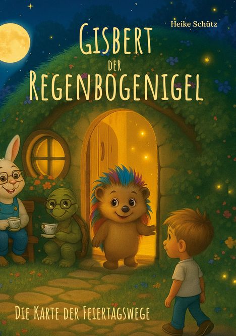 „Gisbert der Regenbogenigel“, „Die Karte der Feiertagswege“. Der Igel steht vor einem runden Haus mit Freunden.