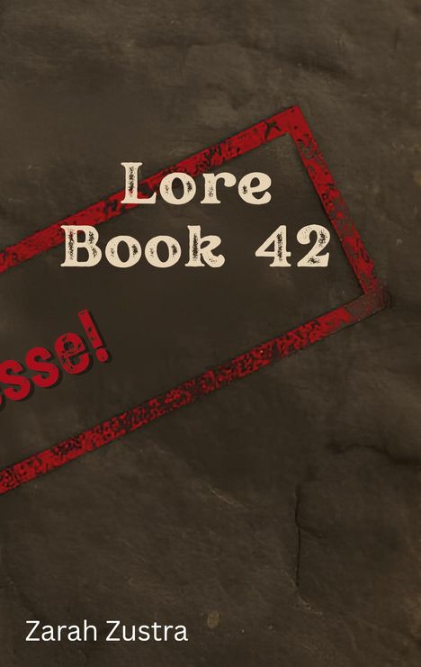 Lore Book 42, rote diagonale Streifen, dunkler Hintergrund. Zarah Zusra.