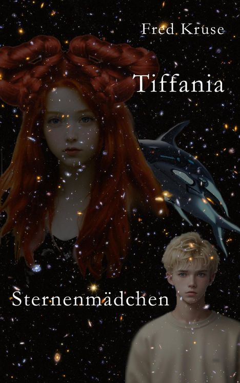 Text: "Fred Kruse", "Tiffania", "Sternenmädchen". Eine Illustration, ein Mädchen mit roten Haaren, ein Junge und ein Delfin im All.