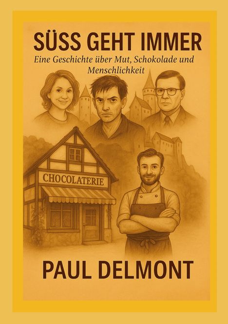 "SÜSS GEHT IMMER" von Paul Delmont. Porträts von vier Personen, ein Schokoladengeschäft und Gebäude im Hintergrund.