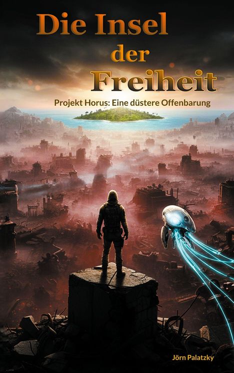 „Die Insel der Freiheit“, „Projekt Horus: Eine düstere Offenbarung“. Eine post-apokalyptische Szene mit Figur und Drohne.