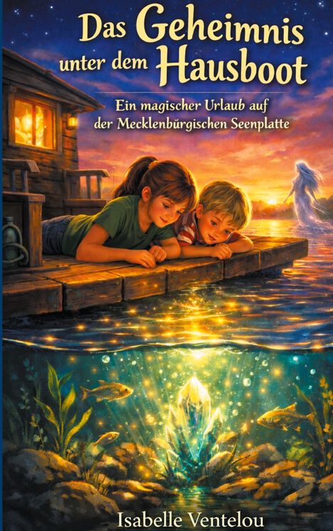 Titel: "Das Geheimnis unter dem Hausboot". Zwei Kinder am Ufer, ein Kristall leuchtet im Wasser, eine Gestalt aus Licht.