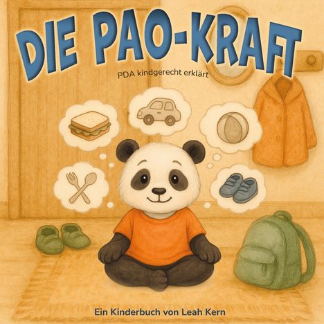 "DIE PAO-KRAFT", "PDA kindgerecht erklärt". Ein Panda im Kinderstil denkt an Essen, Auto, Ball, Schuhe.