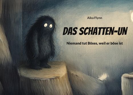 Text: „Aika Flynn. DAS SCHATTEN-UN. Niemand tut Böses, weil er böse ist.“ Illustration: Flauschiges, schwarzhaariges Wesen im Schatten.