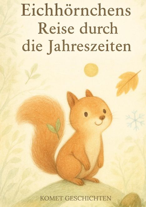 Text: "Eichhörnchens Reise durch die Jahreszeiten." Illustration: Ein lächelndes Eichhörnchen unter Sonne, Blatt und Schneeflocke.