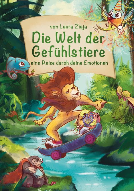 „Die Welt der Gefühlstiere: eine Reise durch deine Emotionen“. Illustration mit Tieren im Dschungel.
