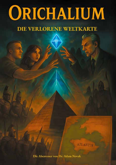 "Orichalium: Die verlorene Weltkarte. Die Abenteuer von Dr. Adam Novak." Zwei Menschen und ein Mann, Kristall-Pyramide, Soldaten.