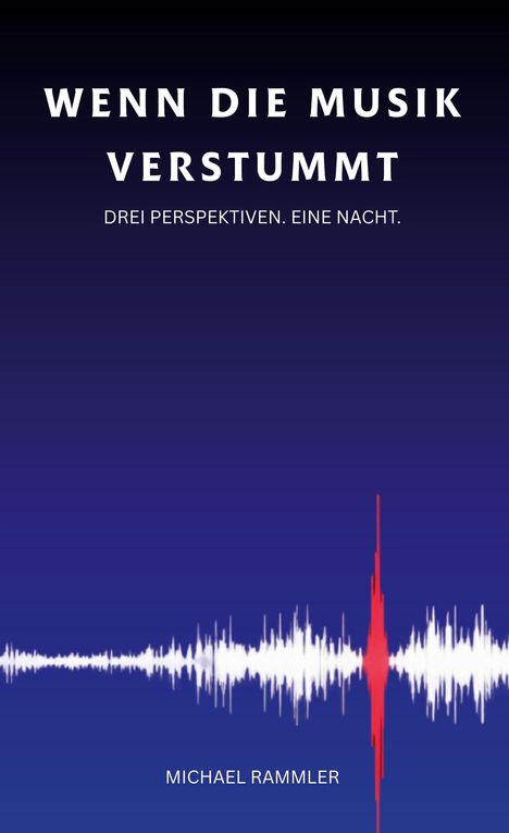 "Wenn die Musik verstummt. Drei Perspektiven. Eine Nacht." Darunter Schallwellen auf dunkelblauem Hintergrund.