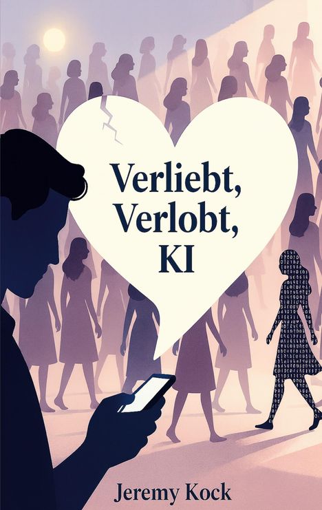 Herz mit Text "Verliebt, Verlobt, KI". Silhouetten im Hintergrund, Figur aus Binärcode, Person schaut auf Smartphone.