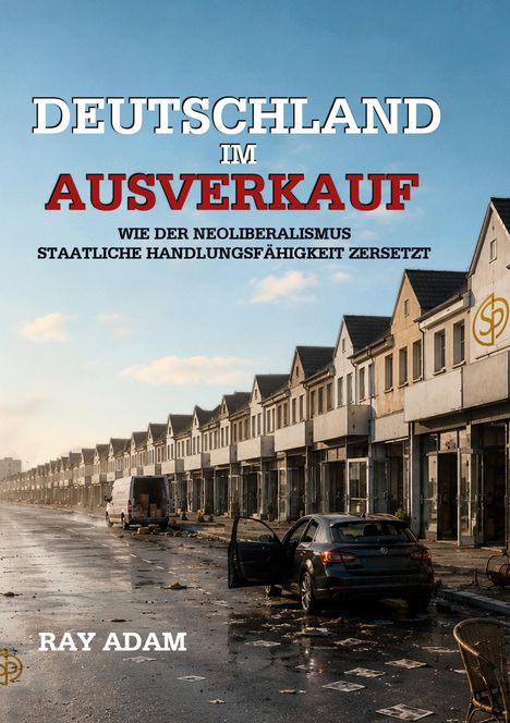 „DEUTSCHLAND IM AUSVERKAUF. WIE DER NEOLIBERALISMUS STAATLICHE HANDLUNGSFÄHIGKEIT ZERSETZT. RAY ADAM." Verlassenes Stadtbild.