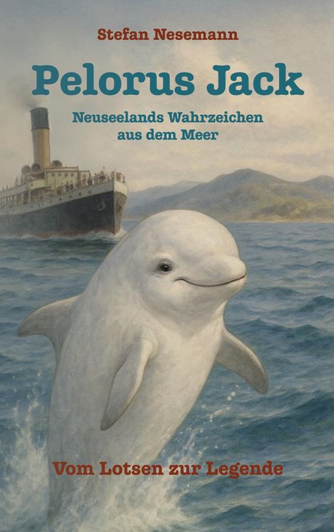 Titel: "Pelorus Jack". Ein Delphin springt im Meer vor einem Dampfschiff. Im Hintergrund sind Berge zu sehen.