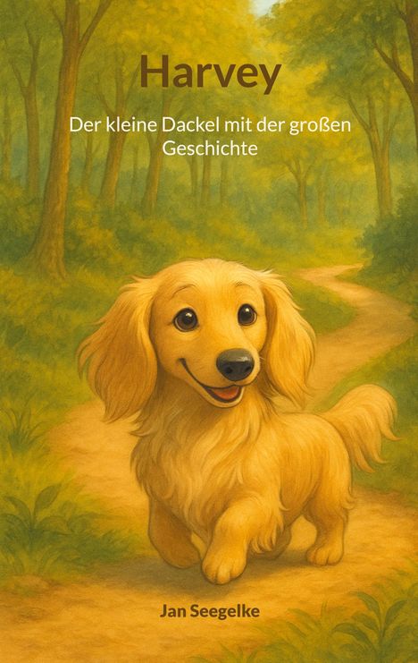"Harvey: Der kleine Dackel mit der großen Geschichte" von Jan Seegelke. Illustration eines Dackels auf einem Waldweg.