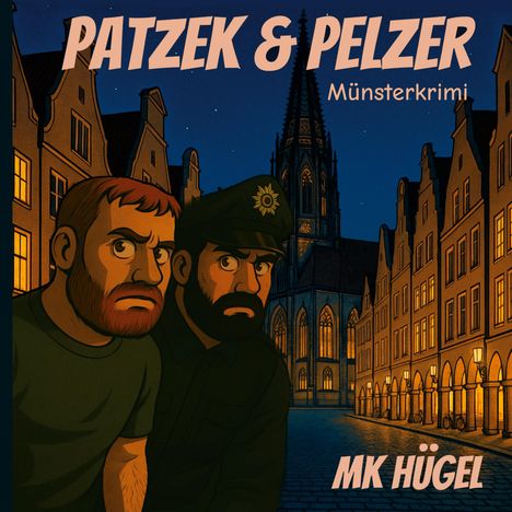 "PATZEK & PELZER. Münsterkrimi. MK HÜGEL." Zwei Männer illustriert in einer nächtlichen Straßenszene mit Kirche.