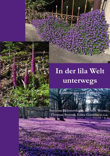 "In der lila Welt unterwegs" ist eine Buchillustration mit lila Blumen in verschiedenen Umgebungen.