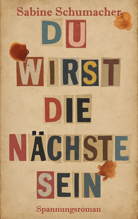 "Du wirst die Nächste sein" in bunten Buchstaben, Autorin Sabine Schumacher, unten "Spannungsroman". Flecken im Hintergrund.